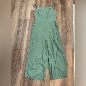 Old Navy Green Linen Wide Leg Square Neck Smocked Jumpsuit (Small)